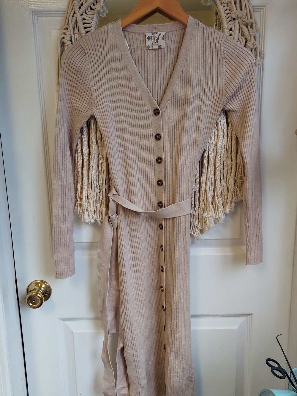 Hippie Rose Beige Ribbed Button-Front Midi Dress